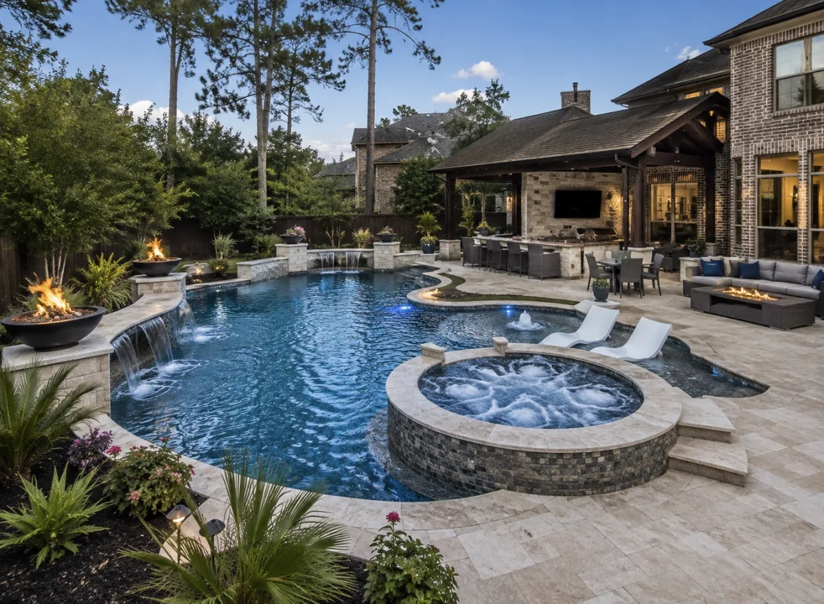 Freeform pool with stacked-stone waterfalls, fire bowls on stone columns, a raised spa, and a covered outdoor kitchen beyond, travertine deck