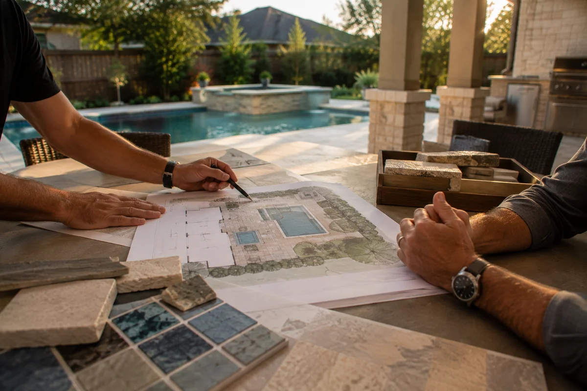 Reviewing a backyard plan and material samples at a consultation table