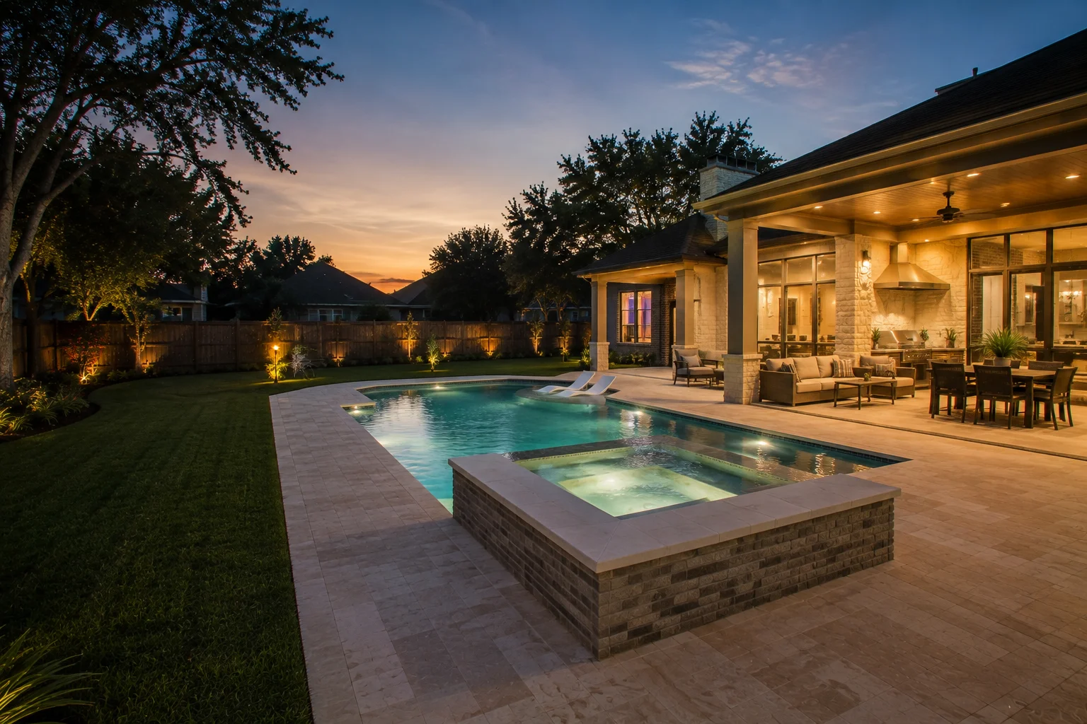 Sunset over a stone-and-brick Texas home with covered outdoor living room, raised brick spa, pool with in-water loungers, and lit fence-line landscaping
