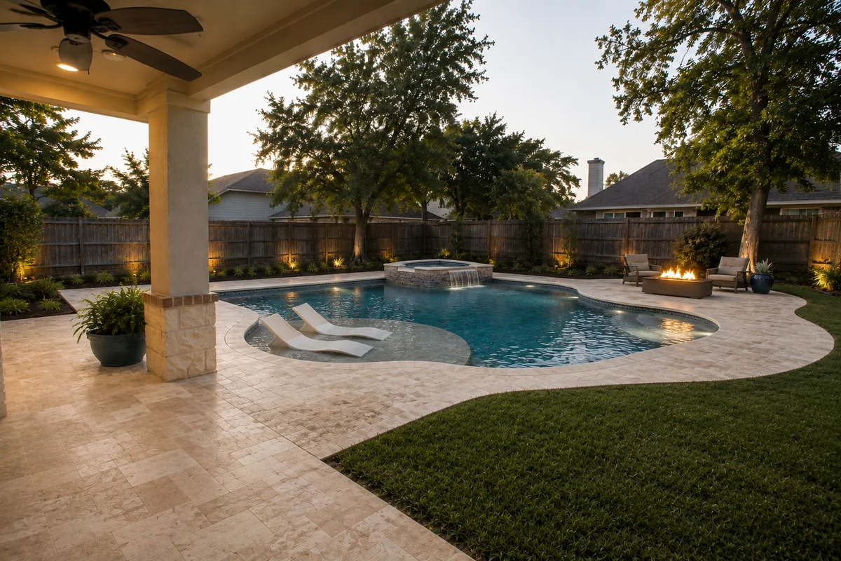Family pool with wide tanning ledge, in-water loungers, and a raised spa spilling at the deep end
