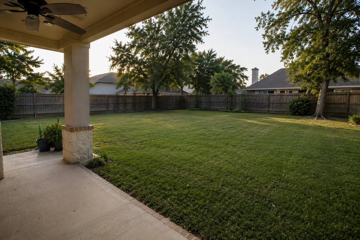 Plain family lawn with trees and a covered patio