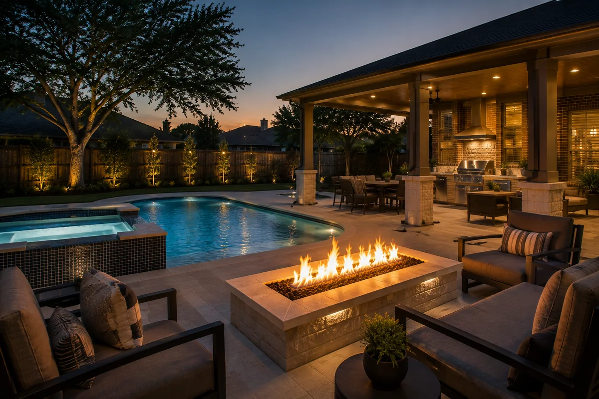 Linear fire feature between lounge seating at evening, pool and covered kitchen beyond