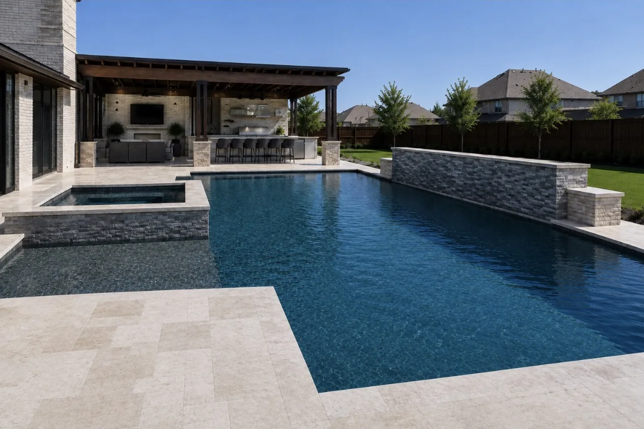 Rectangular pool with a raised spa and a stacked-stone water wall beside a covered outdoor kitchen and lounge, travertine deck, daylight