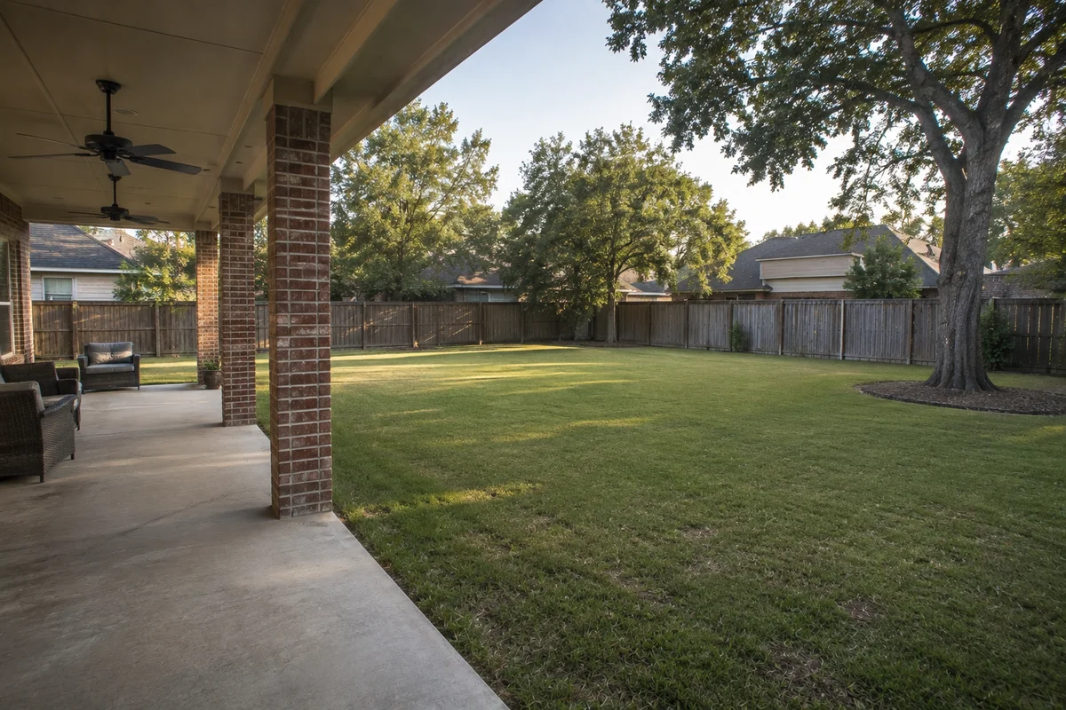 Large open lawn with a single mature oak and a plain fence