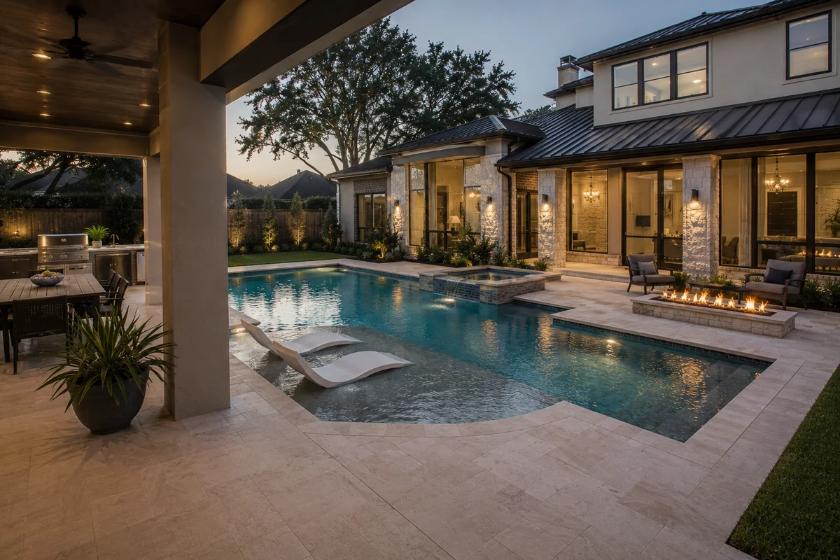 Geometric pool with tiled spa and spillway, linear fire feature, and covered outdoor kitchen at dusk