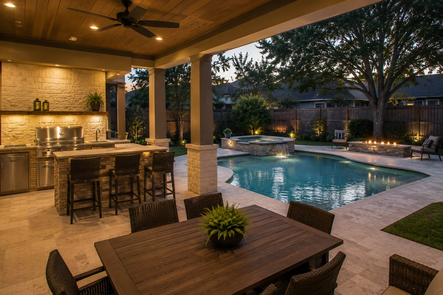 Covered patio with wood ceiling, stone outdoor kitchen with bar seating, pool and spa beyond