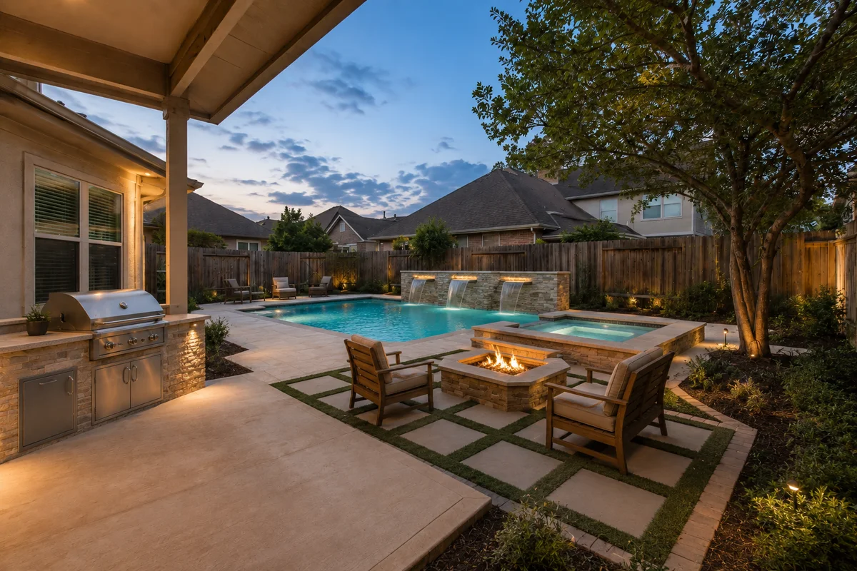 The same yard as a complete outdoor living program with pool, spa, water wall, kitchen, and fire lounge