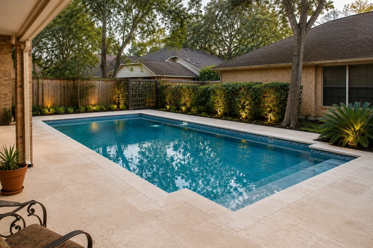 The same pool fully restored with new surfaces and travertine deck