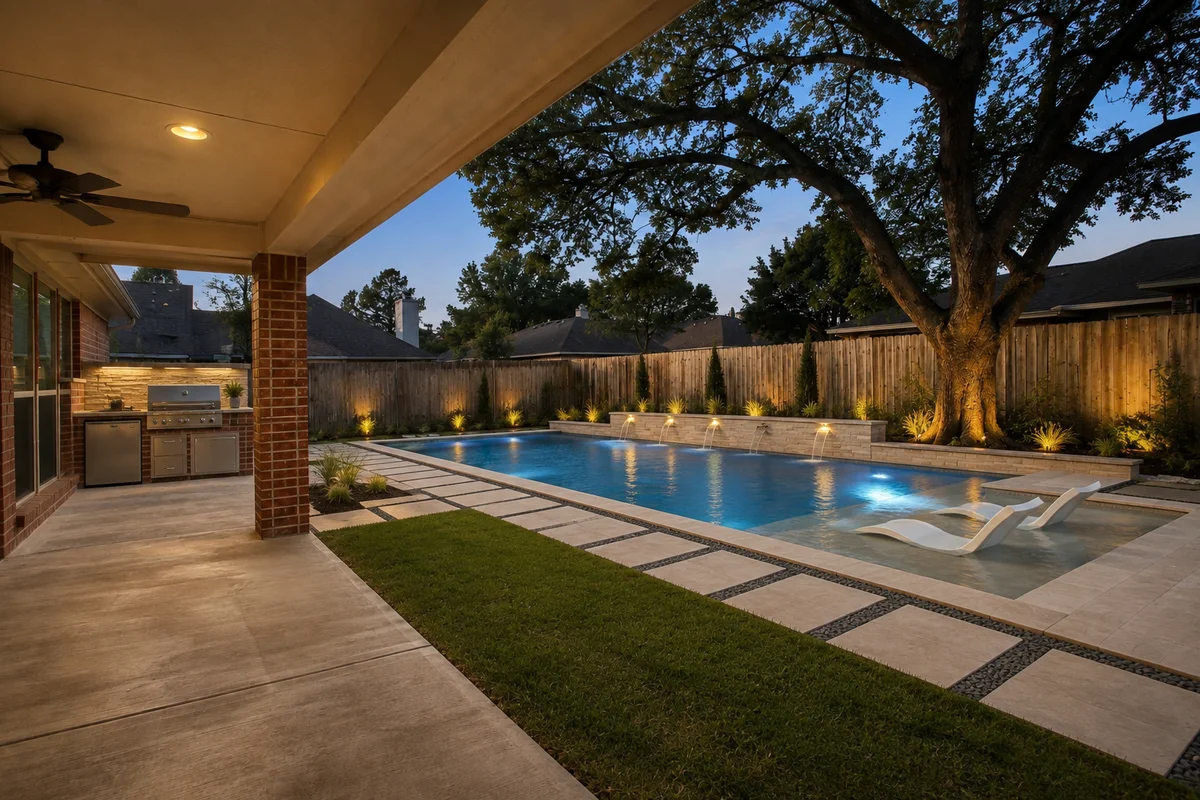 Compact geometric pool with spa fitted along the fence line of a smaller backyard